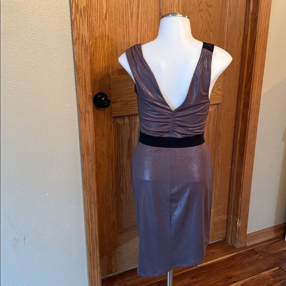 EXPRESS Mocha Shimmer Asymmetrical Hem Mini Dress - Picture 6 of 10